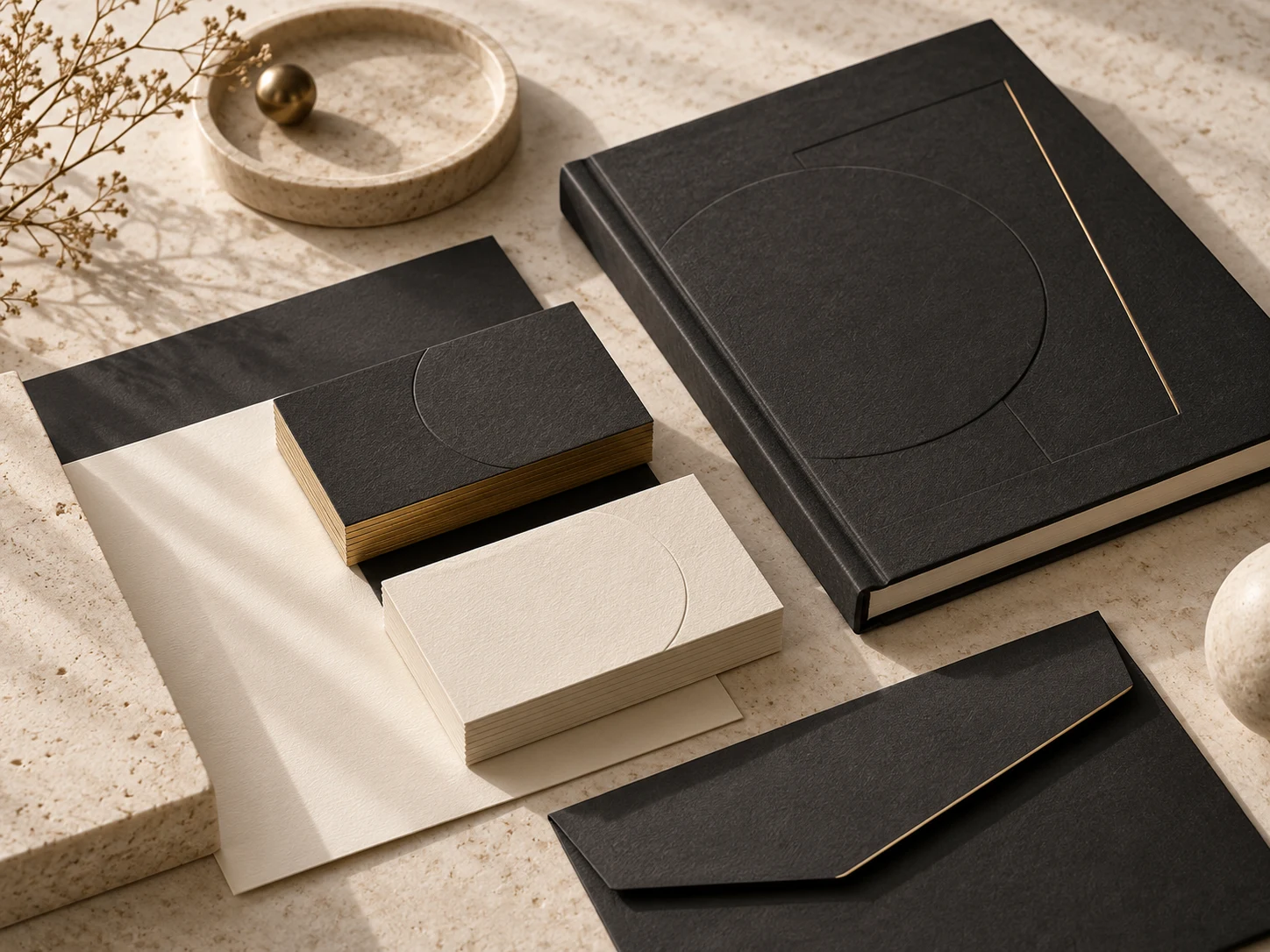 Conceptual study of ivory and charcoal brand stationery
